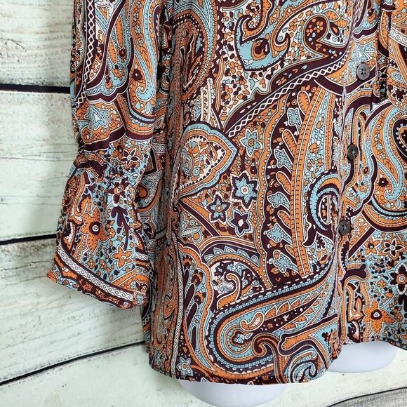 Cato Women’s Paisley Print Tie Neck Blouse L Boho Chic Long Sleeve Button Front - Picture 2 of 7